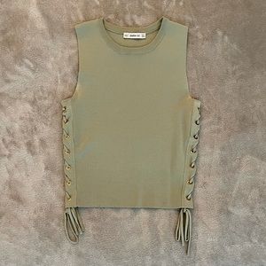 Zara Sage Green Ribbed Tank Top With Braided Sides